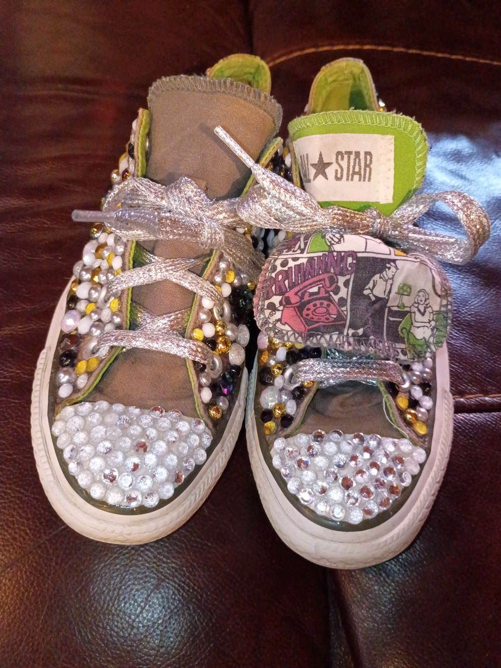 Womens Embellished Green Multi-Accent Sneakers